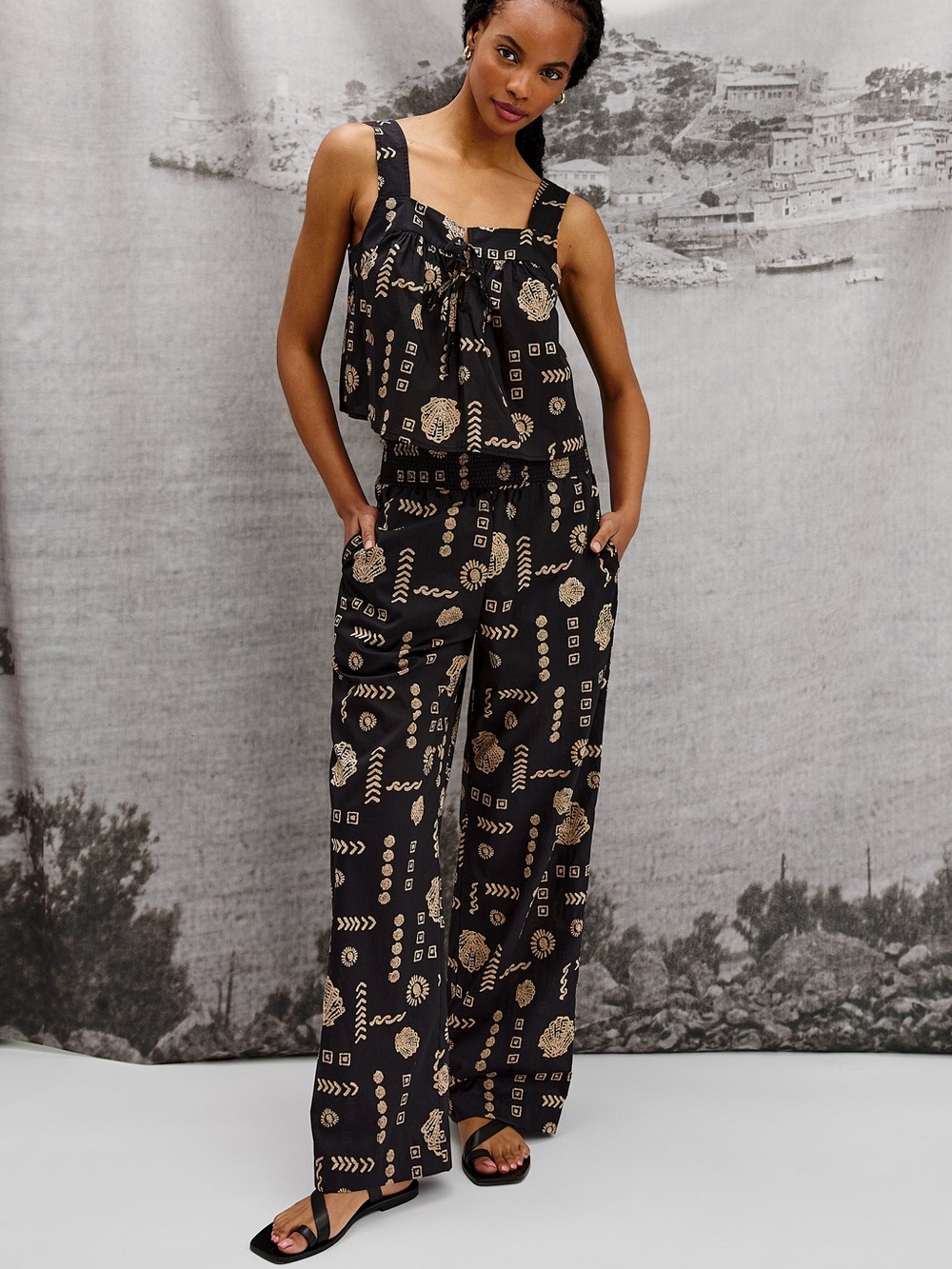 Rails Wide Leg Pant Set Cropped Tank Top 100% Cotton Black Seashells Boho Beach